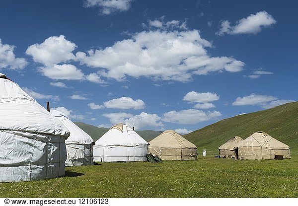 Nomad yurts  Road to Song Kol Lake  Naryn province  Kyrgyzstan  Central Asia.