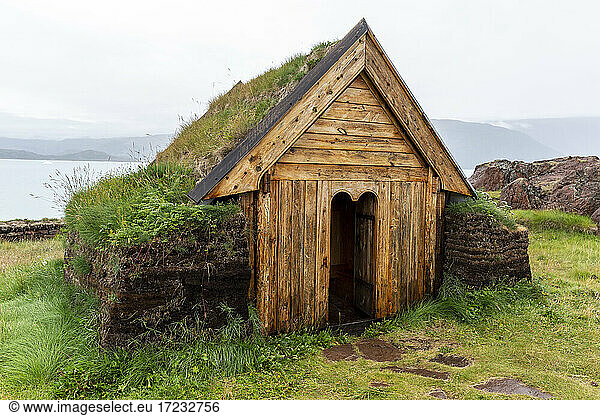 Norse chapel at the reconstruction of Erik the Red's Norse settlement at Brattahlid  southwestern Greenland  Polar Regions