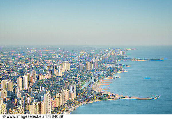 North Avenue Beach Chicago Aerial at Sunset