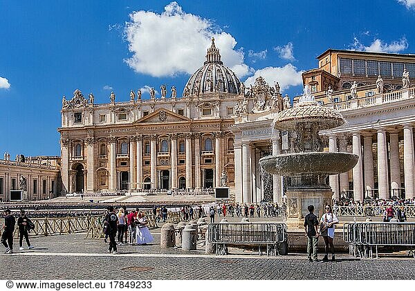 Northern Fountain in St. Peter's Square with St. Peter's Basilica  Rome  Lazio  Central Italy  Italy  Europe