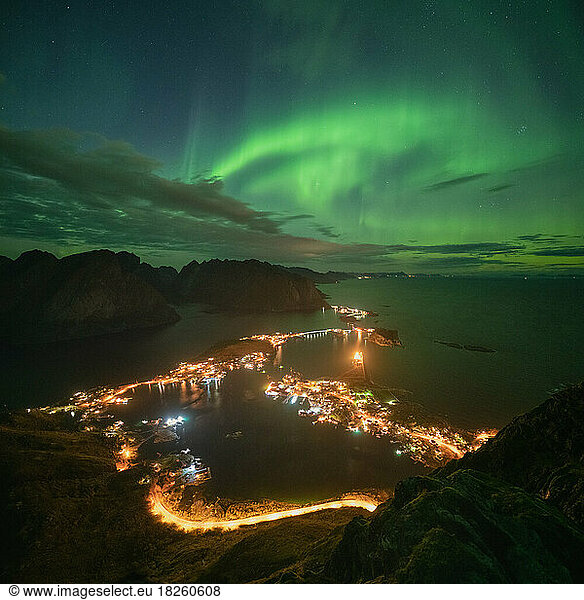 Northern lights over Reine from Reinebringen  Lofoten Islands  Norway