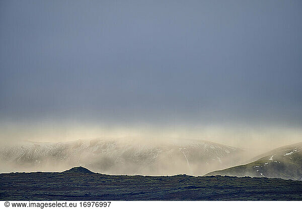 Northern wild nature scenery with foggy mountain range