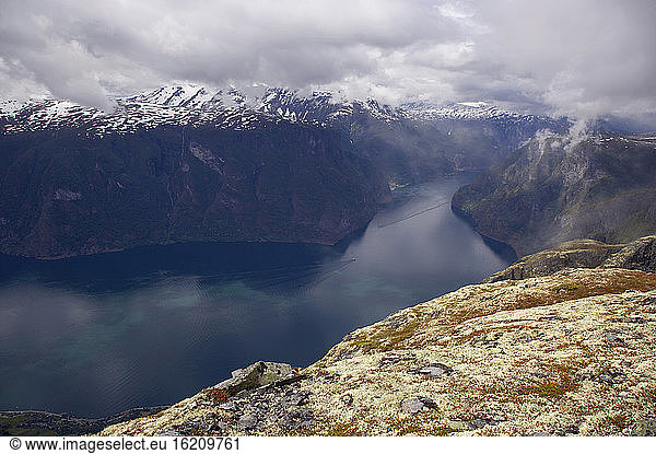 Norway  Fjord Norway  Aurlandsfjord seen from mountain