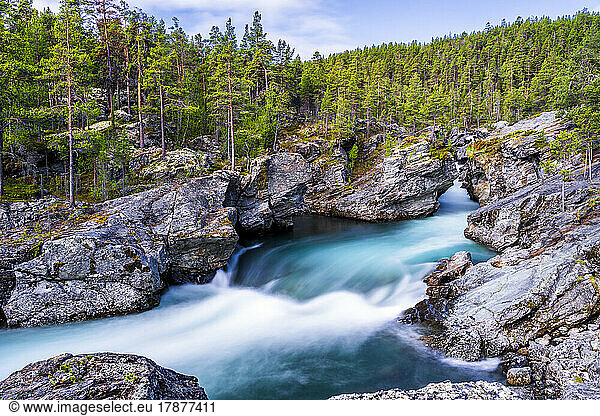 Norway  Innlandet  Long exposure of river Sjoa flowing through Ridderspranget ravine in Jotunheimen National Park