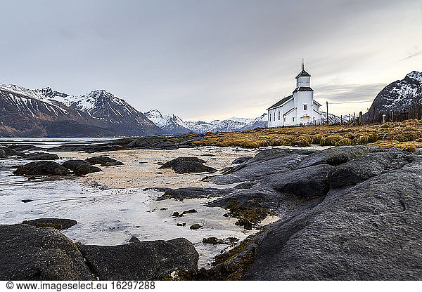 Norway  Lofoten  Lonely church on the coastline of Gimsoy