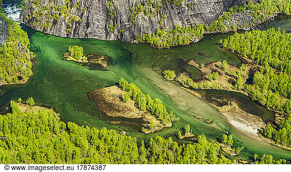 Norway  Nordland  View of Nordfjordelva river flowing through valley in Rago National Park
