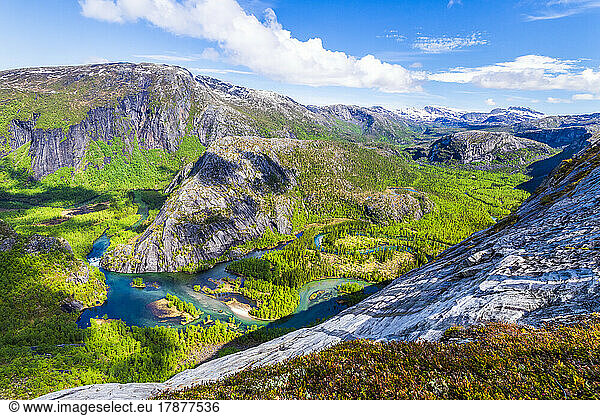 Norway  Nordland  View of Nordfjordelva river flowing through valley in Rago National Park