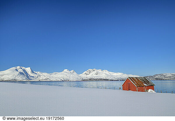 Norway  Troms og Finnmark  Joviknes  Clear sky over secluded hut on shore of snow-covered fjord