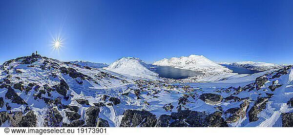 Norway  Troms og Finnmark  Panoramic view of Nattmalsfjellet with Ersfjord and Grotfjord in background