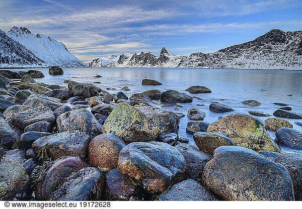 Norway  Troms og Finnmark  Rocky coast of Mefjord