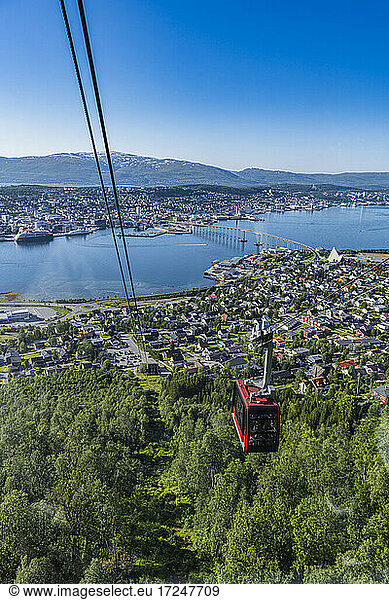 Norway  Troms og Finnmark  Tromso  Coastal city seen from cable car of Fjellheisen aerial tramway