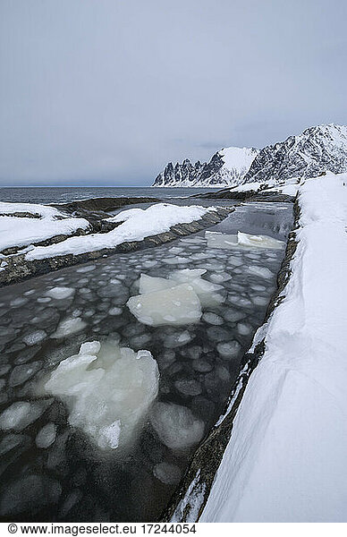 Norway  Tromso  Ersfjord  Ice chunks in water along sea coast of Senja Island