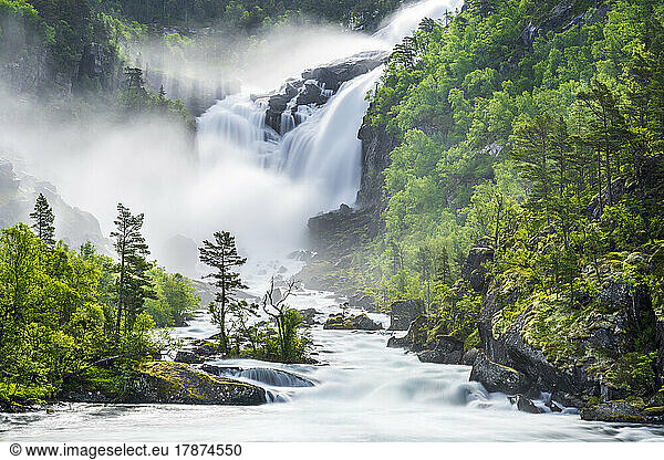 Norway  Vestland  Long exposure of Nyastolfossen waterfall in Hardangervidda range
