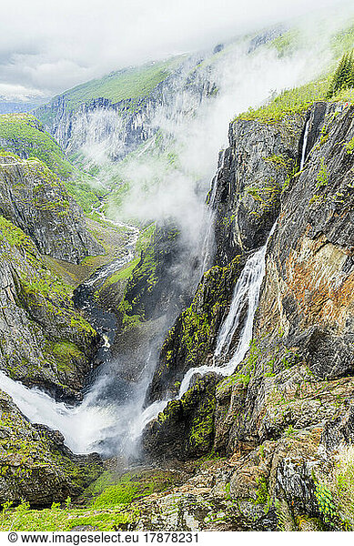 Norway  Vestland  Scenic view of Voringfossen waterfall splashing down Mabodalen valley