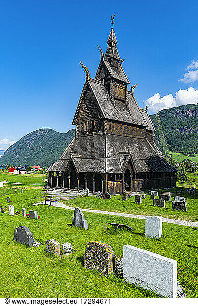 Norway  Vestland  Vikoyri  Hopperstad Stave Church on sunny day