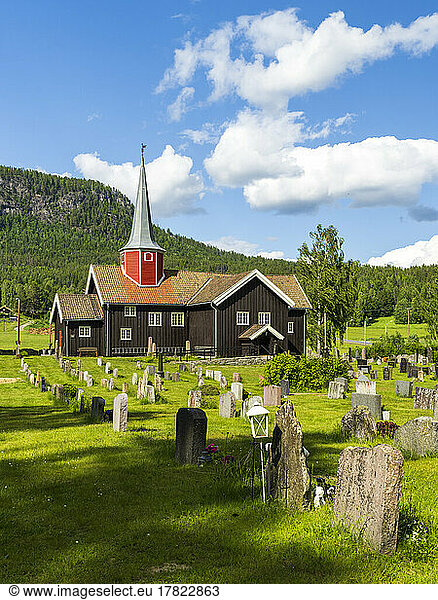 Norway  Viken  Flesberg  Cemetery in front of medieval stave church in summer