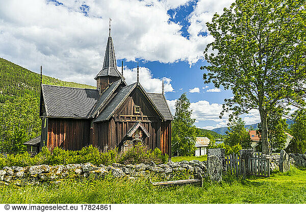 Norway  Viken  Nore  Facade of medieval stave church in summer