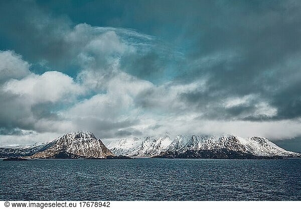 Norwegian fjord and mountains with snow in winter. Lofoten islands  Norway  Europe
