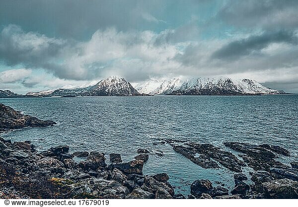 Norwegian fjord and mountains with snow in winter. Lofoten islands  Norway  Europe