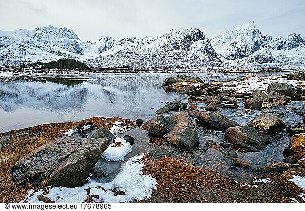 Norwegian fjord in winter. Lofoten islands  Norway  Europe