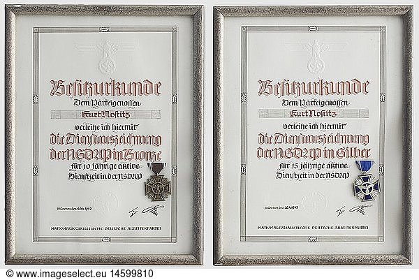 NSDAP Long Service Awards in Silver and Bronze  each integrated with its award document  framed and under glass. Reverse glued-in supplemental text regarding the posthumous award dated 20 April 1943 to a soldier who fell on 10 September 1939 with NSDAP membership number 12360. Transmitted to his family by Gauleiter Mutschmann with the remark that authorisation to wear the awards on the field orders clasp or as civilian badges does not apply. A very rare ensemble  historic  historical  1930s  1930s  20th century  awards  award  German Reich  Third Reich  Nazi era  National Socialism  object  objects  stills  medal  decoration  medals  decorations  clipping  cut out  cut-out  cut-outs  honor  honour  National Socialist  Nazi  Nazi period