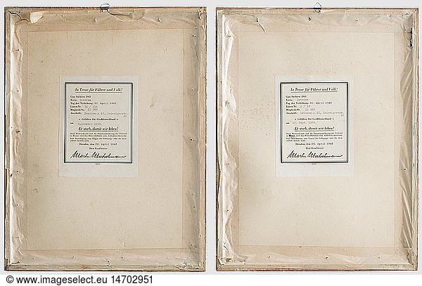 NSDAP Long Service Awards in Silver and Bronze  each integrated with its award document  framed and under glass. Reverse glued-in supplemental text regarding the posthumous award dated 20 April 1943 to a soldier who fell on 10 September 1939 with NSDAP membership number 12360. Transmitted to his family by Gauleiter Mutschmann with the remark that authorisation to wear the awards on the field orders clasp or as civilian badges does not apply. A very rare ensemble  historic  historical  1930s  1930s  20th century  awards  award  German Reich  Third Reich  Nazi era  National Socialism  object  objects  stills  medal  decoration  medals  decorations  clipping  cut out  cut-out  cut-outs  honor  honour  National Socialist  Nazi  Nazi period