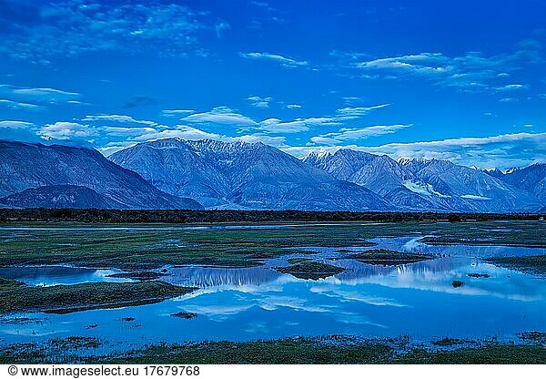 Nubra valley in Himalayas after sunset in twilight. Ladakh  India  Asia