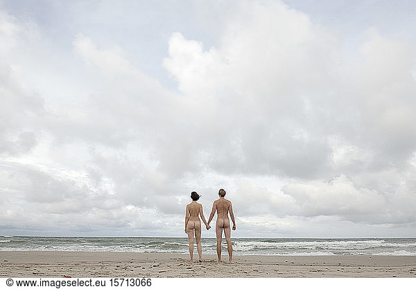 Nude couple standing on the beach  holding hands