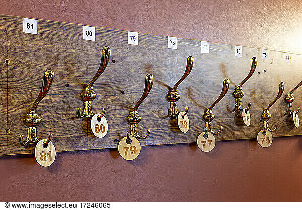 Number labels hanging on hooks in stage theater cloakroom
