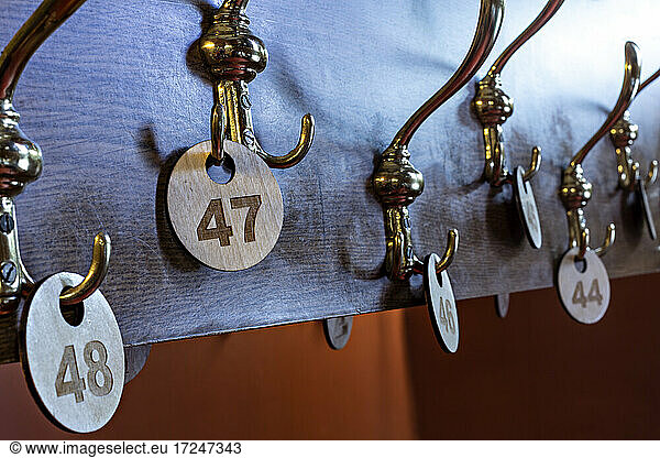 Number labels hanging on hooks in stage theater cloakroom