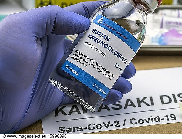 Nurse hold human immunoglobulin vial generic drug to treat Sars-CoV-2-related Kawasaki disease in children under five  conceptual image  unbranded generic drug containers and hypothetical bar codes.