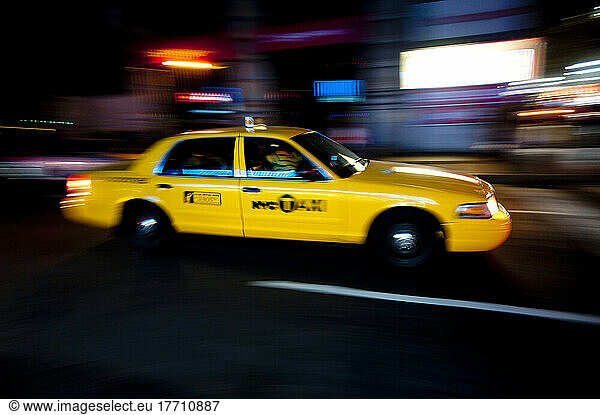 Ny Taxi At Night In Manhattan  New York  Usa