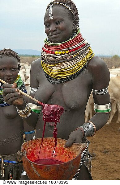 Nyangatom-Frau verarbeitet Kuhblut  Bume  Buma  Bumi  -Stamm  Nyangatomstamm  Omo-Tal  Äthiopien  Afrika