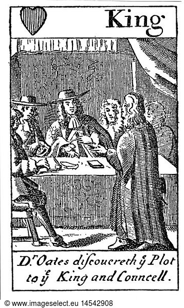 Oates  Titus  15.9.1649 - 12./.13.7.1705  English clergyman  half length  telling the Privy Council about an catholic conspiracy  London  28.9.1678  copper engraving  late 17th century