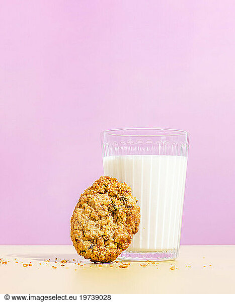 Oatmeal cookie near glass of milk against pink colored background
