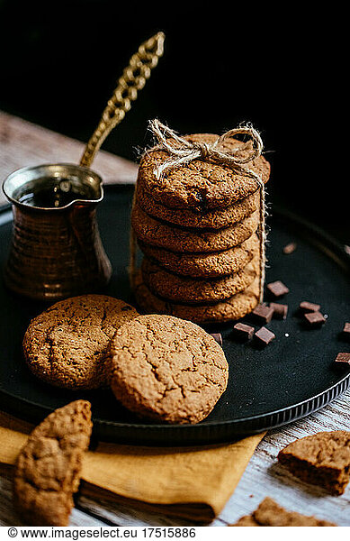 oatmeal cookies with chocolate on the table with coffee in turkey