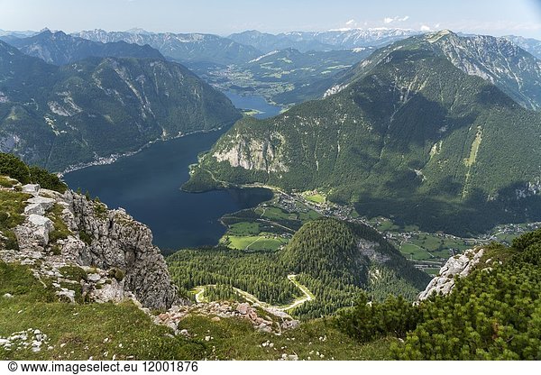 Obertraun and the landscape around lake Hallstätter See seen from above  Austria.