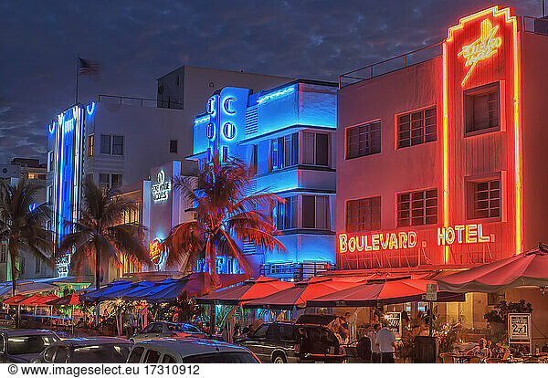 Ocean Drive by night  South Beach  Miami  Florida  United States of America  North America