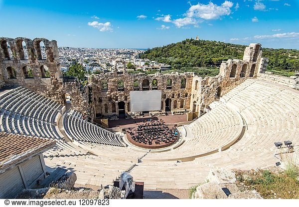 Odeon of Herodes Atticus theatre structure located on the southwest slope of the Acropolis of Athens  Greece. The building was completed in 161 AD.