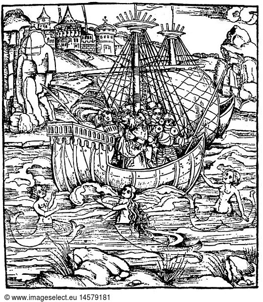Odysseus (Ulysses)  hero of the classical legend  and the Sirens  woodcut from 'L'Eneide' by Grueninger  Strasbourg  1505
