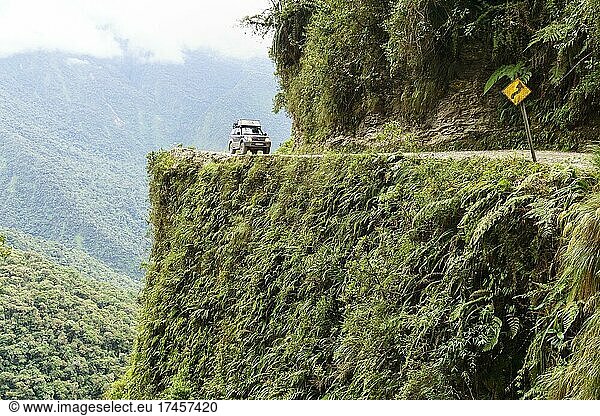 Off-road vehicle  Toyota Land Cruiser  on the road of death  Camino de la Muerte  La Paz department  Bolivia  South America