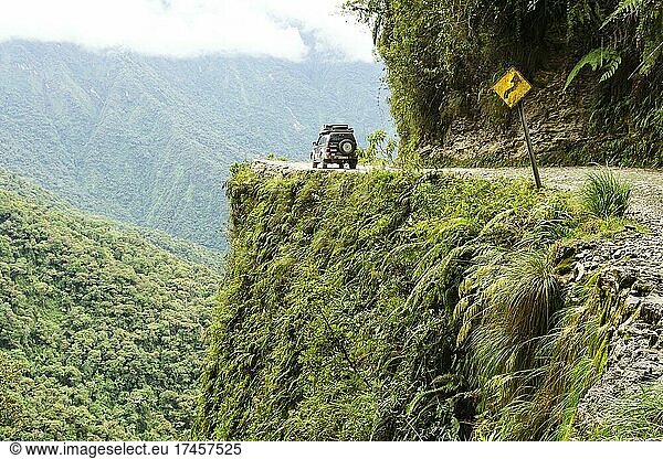 Off-road vehicle  Toyota Land Cruiser  on the road of death  Camino de la Muerte  La Paz department  Bolivia  South America