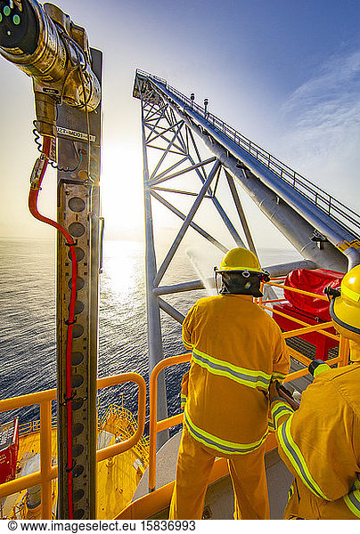 Offshore platform fire drill in the Gulf of Mexico