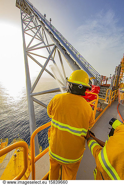 Offshore platform fire drill in the Gulf of Mexico