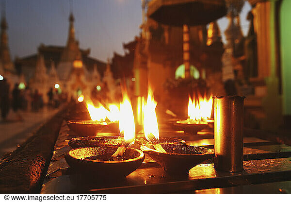 Oil Candles At Shwedagon Pagoda; Yangon  Burma