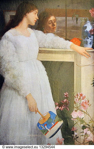 Oil painting titled 'Symphony in White  No. 2: The Little White Girl' - better known as The Little White Girl- The painting shows a woman in three-quarter figure standing by a fireplace with a mirror over it. By James Abbott McNeill Whistler (1834 - 1903) American-born  British-based artist . Dated 1865
