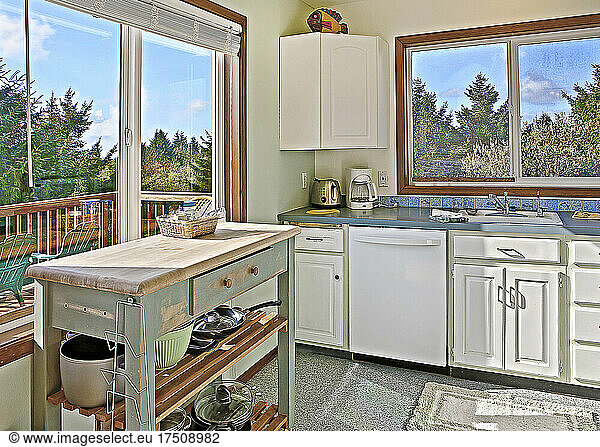 Old fashioned kitchen with views of trees from a deck.