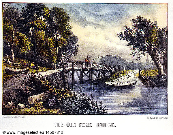 Old Ford Bridge  Currier & Ives  Lithograph