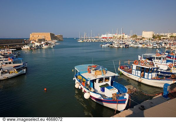 Old Harbour of Iraklion with Venetian Fortress at the background Crete  Greece