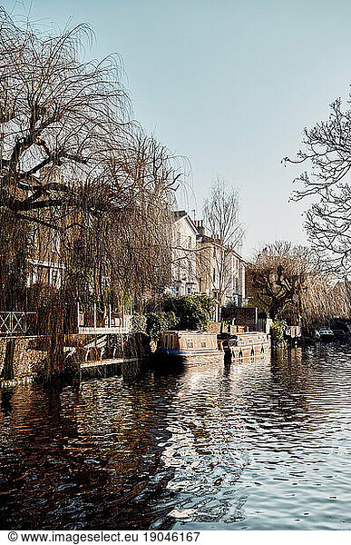 Old houses and leafless trees on riverbank